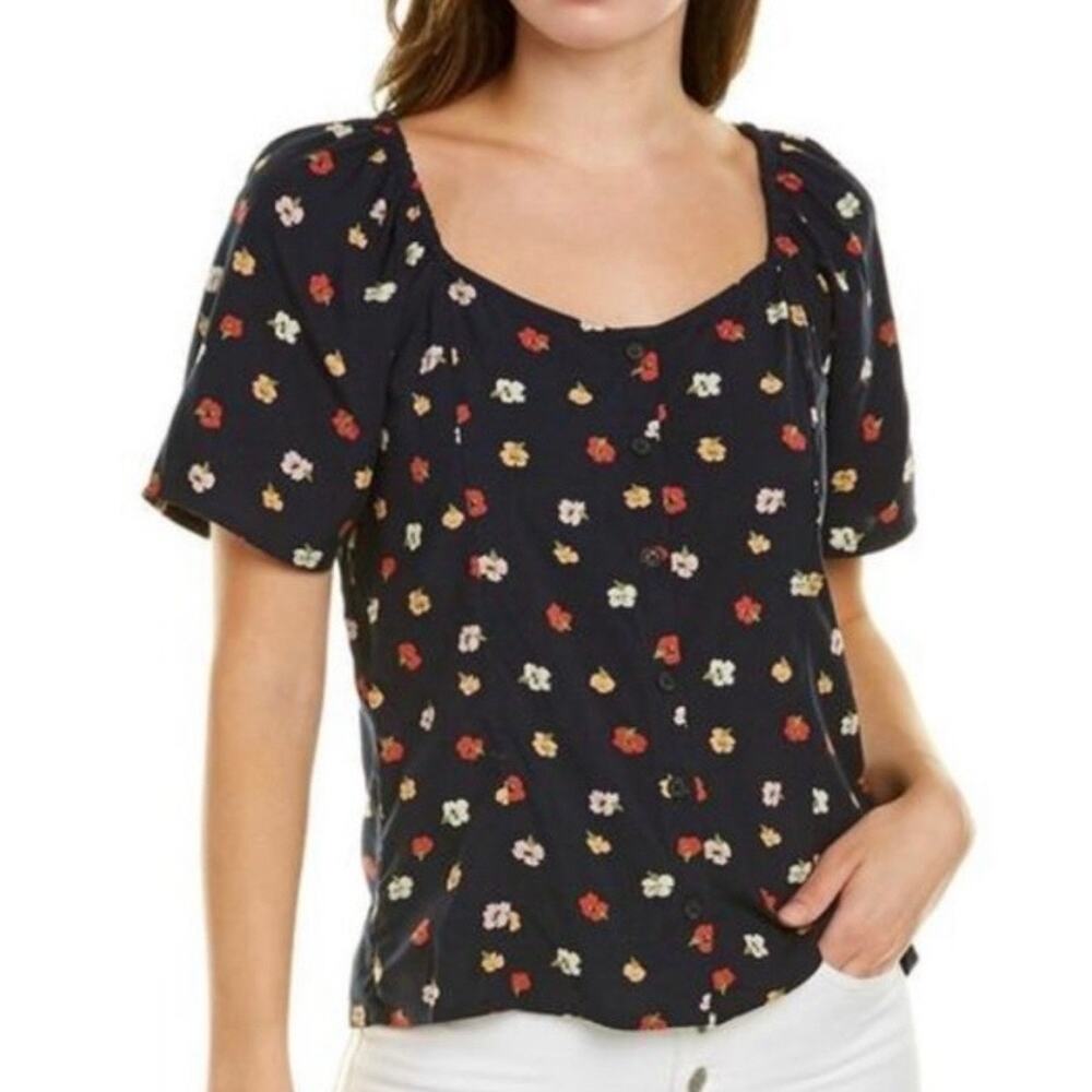 Madewell Black Floral Square-Neck Short Sleeve Blouse